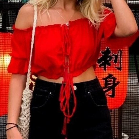 ... Tops - NEW Red Tassel Drawstring Off Shoulder Crop Top XL